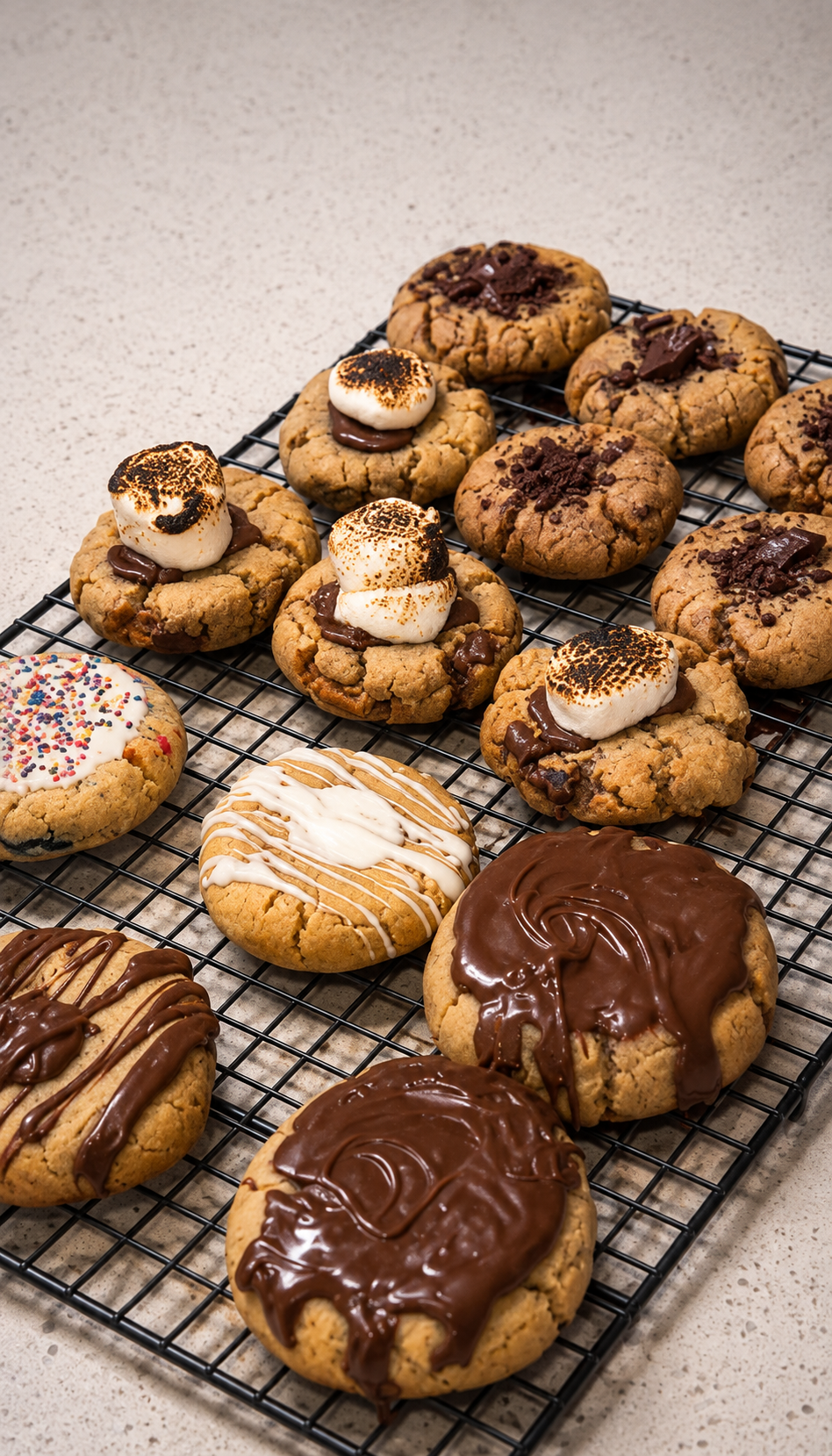 Fresh cookies cooling on a wire rack: s'mores, chocolate chunk, sprinkle and drizzled flavors